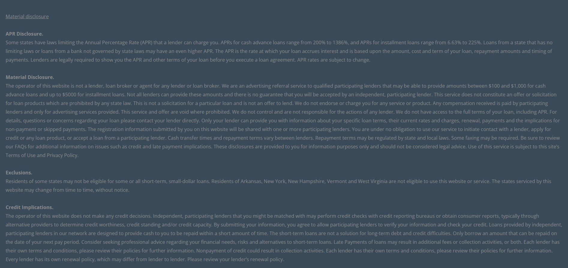 Material disclosure for payday loans in Des Moines Iowa